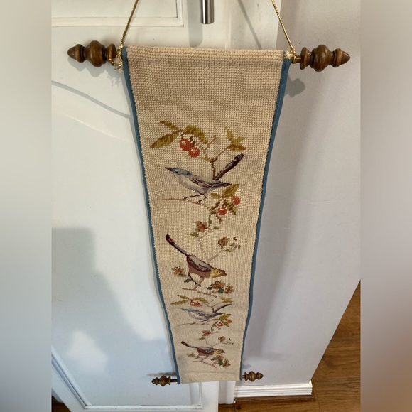 Vintage 29.5”x6” Handmade Needlepoint Bell Pull Birds & Flowers hanging Sign - Picture 2 of 3
